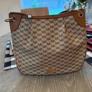 Michael Kors Tan and Brown MK Logo Shoulder Bag